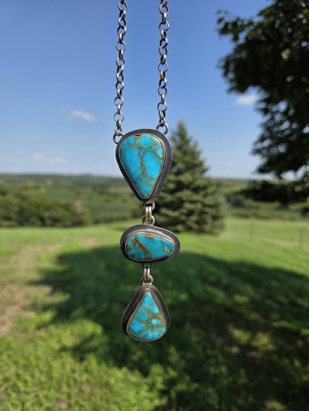 3 STONE SONORAN TURQUOISE DROP PENDANT STERLING SILVER NECKLACE